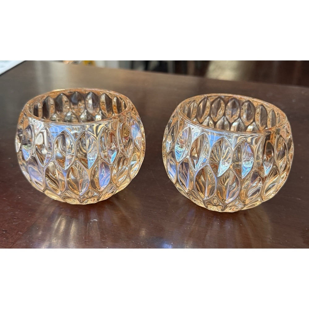 SET of 2 Bombay Co. Cut Glass Candle Votive Holder Heavy Faceted Beveled Glass